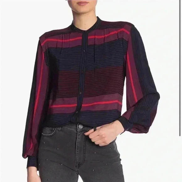 Joie Striped Button Down Shirt, Navy Blue/Black/Red/Magenta, Size Medium - Picture 1 of 16